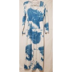 Women’s URS Blue White Tie-Dye Maxi Dress Long Sleeve Empire Waist Size M NWOT